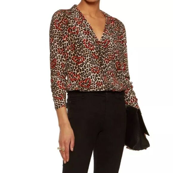 Equipment Adalyn Leopard Heart Print Silk Shirt Natural Ginseng Size XS - Picture 1 of 12
